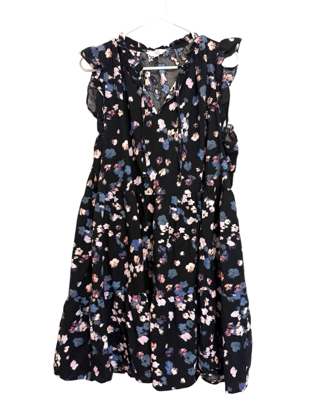 2/$30 Time and Tru Floral Tiered Mini Dress XXL 20 Black Pink Blue Pocket Dress